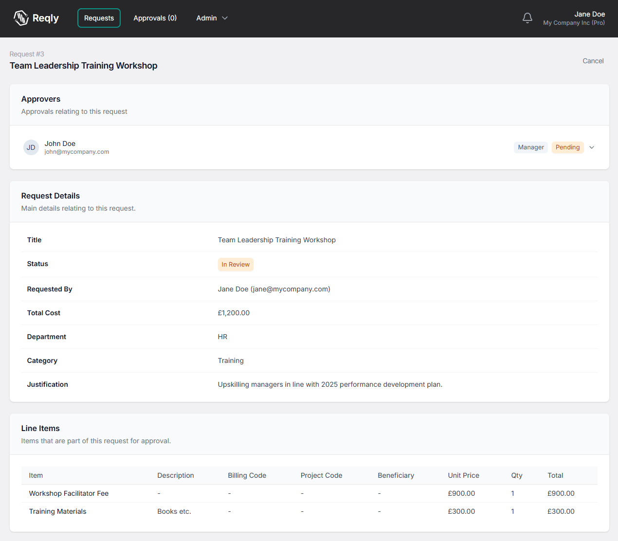 Reqly screenshot showing a request raised by an employee