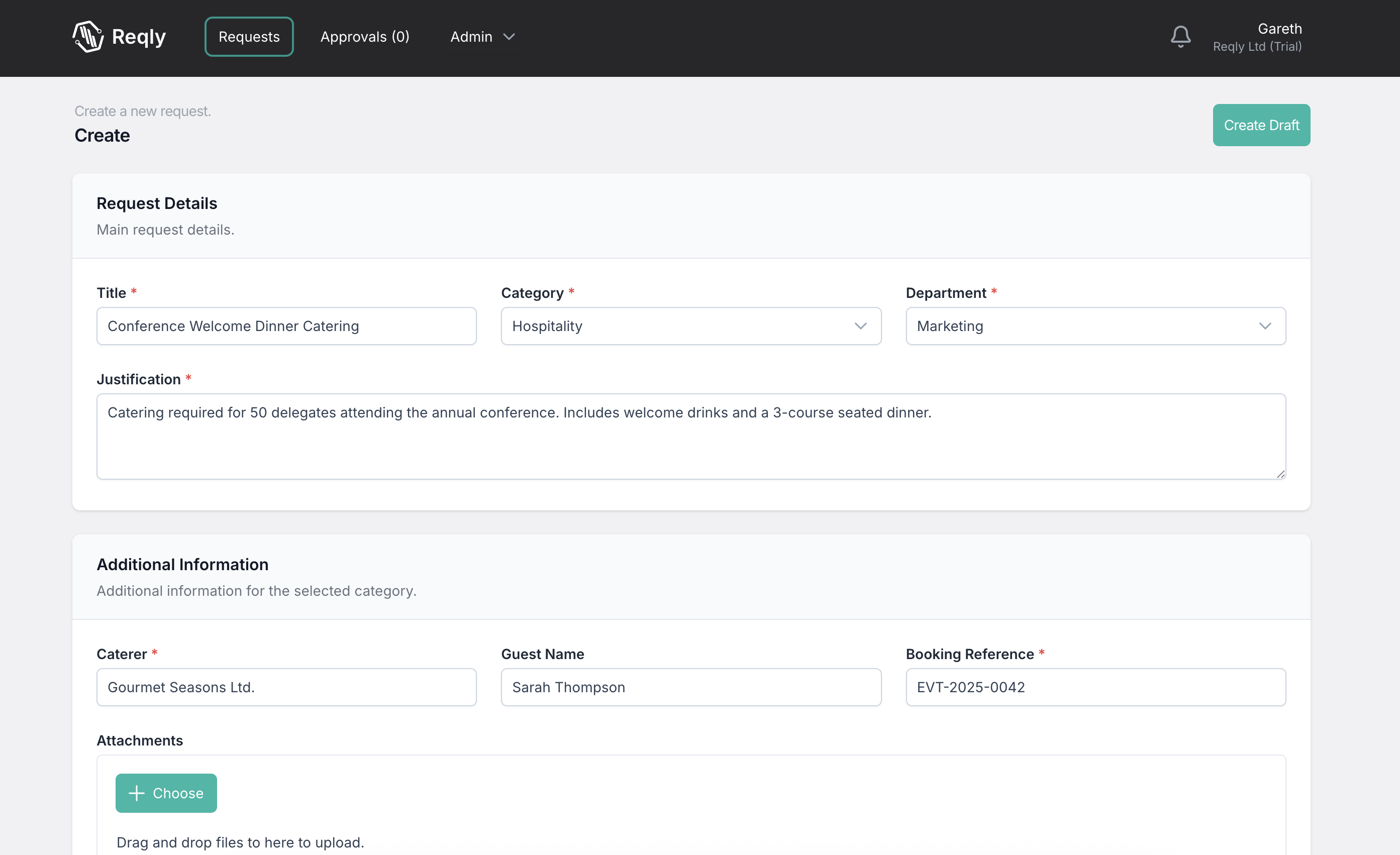 Reqly screenshot showing new request form