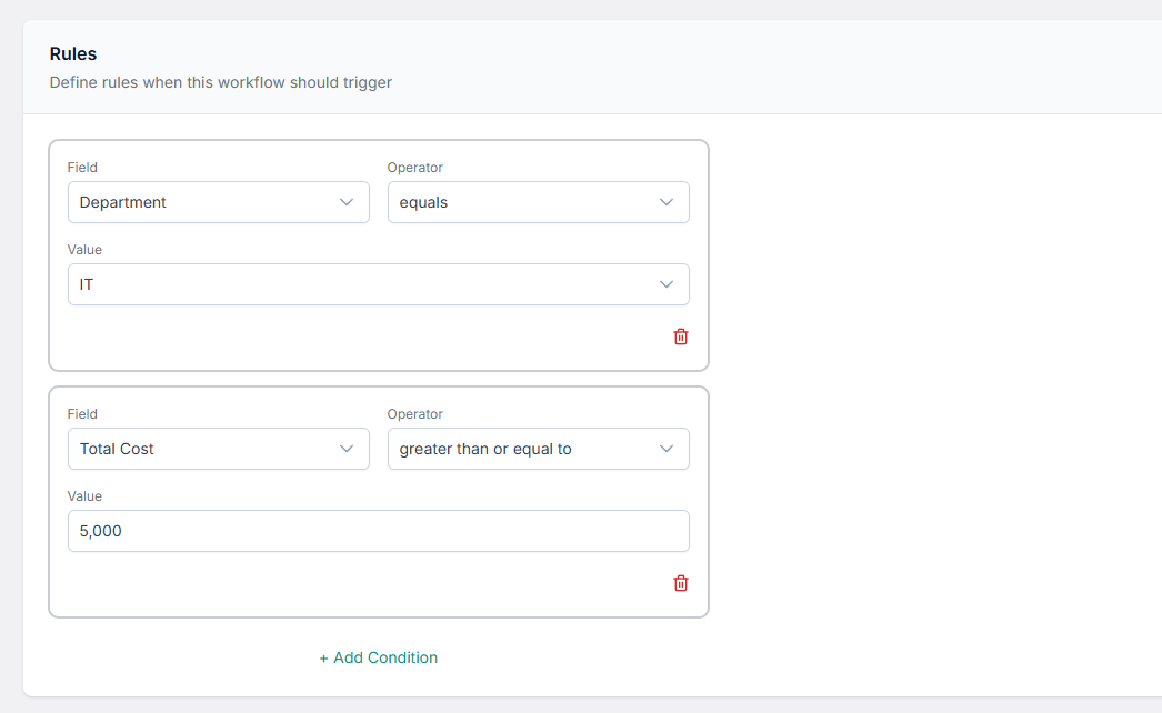 Reqly screenshot showing workflow rules being edited